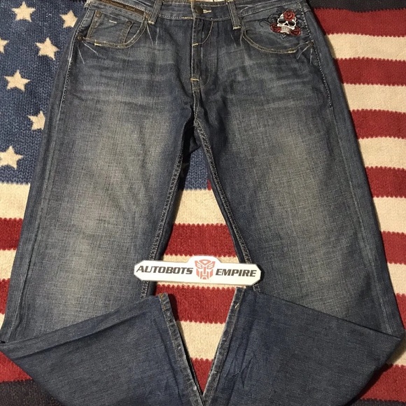 Vintage Marc Ecko Cut & Sew Skull Dagger Distressed Denim Jeans 34x32 P Wing Rlx - Picture 2 of 13
